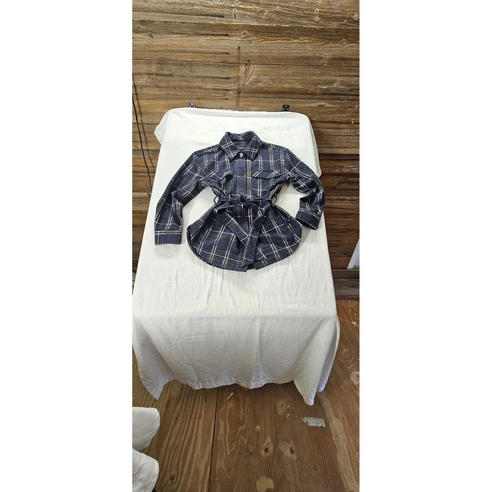 Liverpool Los Angeles Womens Navy Blue Plaid Belted Shacket Jacket Small